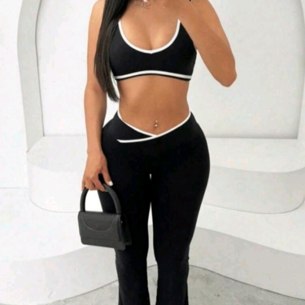 Black Two-Piece Cutout Top and High-Waist Pants Set with White Trim